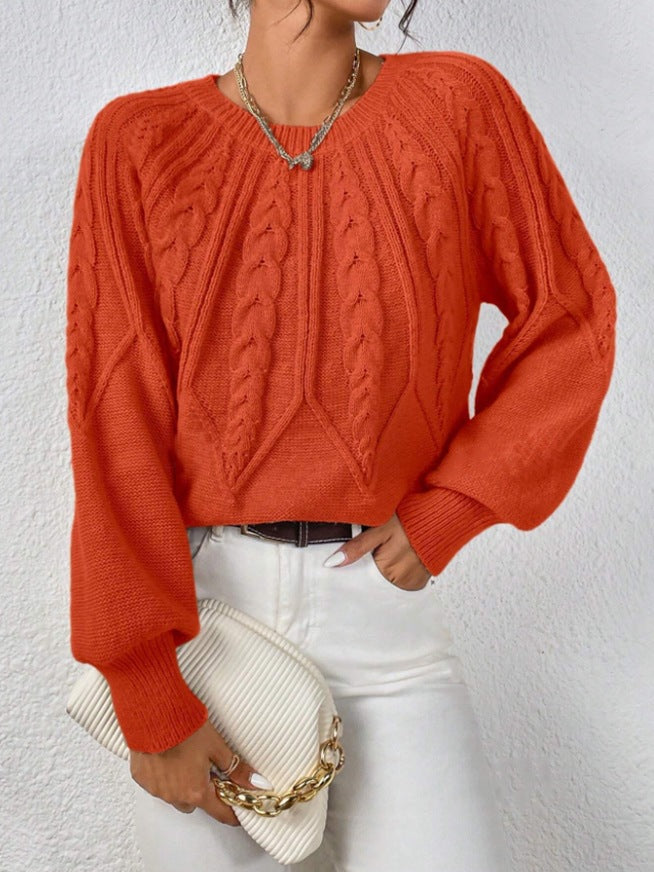 Damen nan kurzer Zopfmuster-Strickpullover mit Ballonärmeln und geripptem Saum Drune