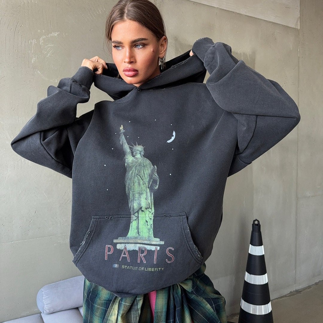 Damen Oversized Kapuzenpullover mit Kunstdruck Drune