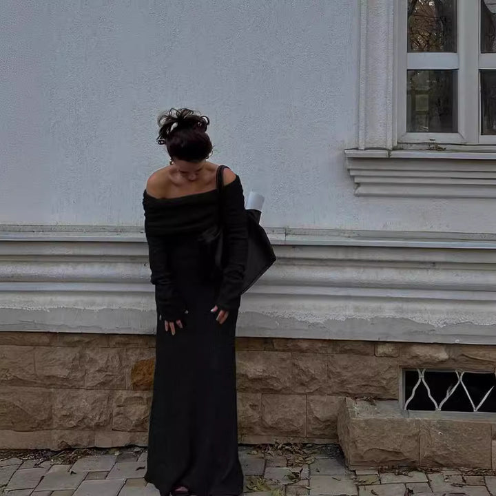 Damen Elegantes Strickmaxikleid mit Off-Shoulder-Ausschnitt und figurbetontem Schnitt Drune