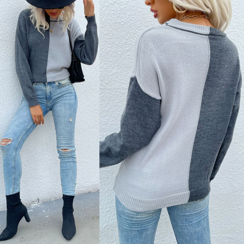 Damen modischer Pullover mit asymmetrischem Farbblock-Design und langem Arm Drune