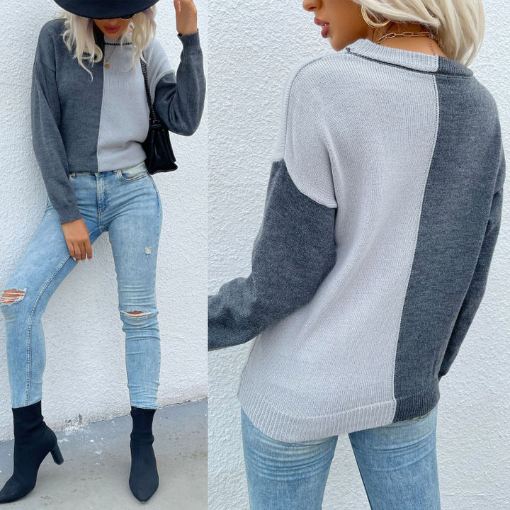 Damen modischer Pullover mit asymmetrischem Farbblock-Design und langem Arm Drune