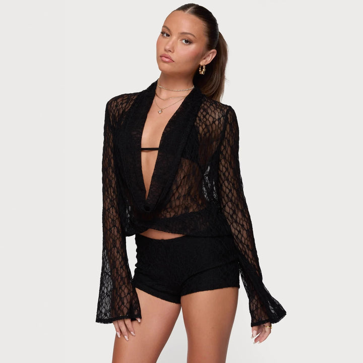 Damen Transparente Spitze Bluse mit tiefem V-Ausschnitt und weit ausgestellten Ärmeln Drune
