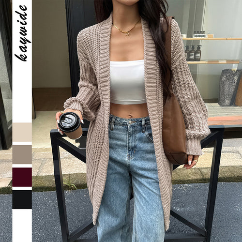 Damen nan lange Grobstrick-Cardigan mit offener Front und Ballonärmeln Drune