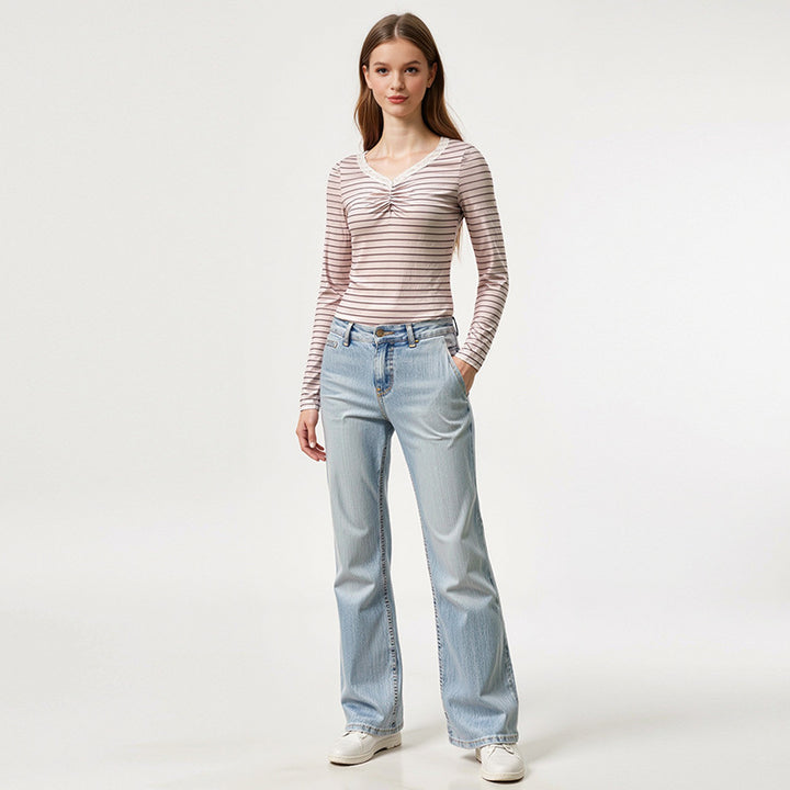 Damen Langarmshirt mit modischen Rüschendetails und gestreiftem Design Drune
