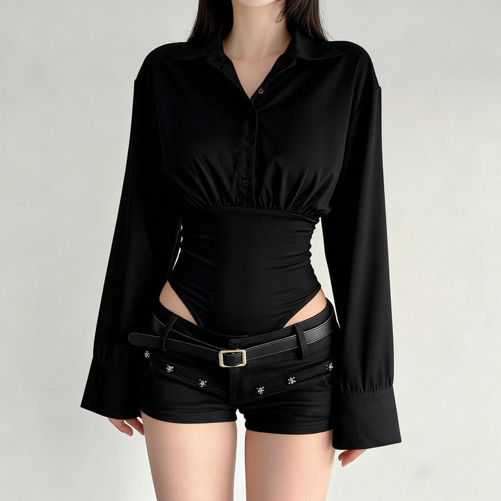 Damen eleganter Bodysuit mit feinem Kragen und Knopfdetails Drune