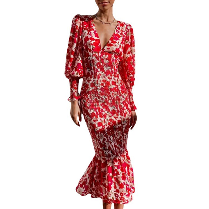 Damen Blütenmuster Kleid mit voluminösen Ärmeln Drune