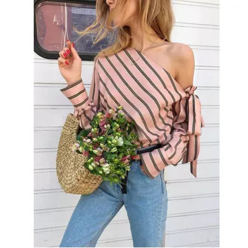 Damen Aufgesetzte Schulterbluse mit raffinierten Streifen Drune