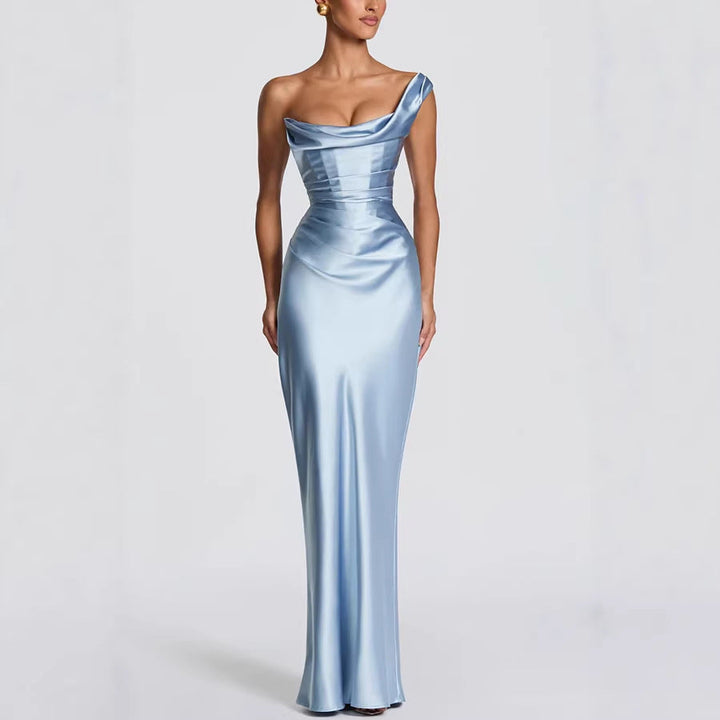 Damen Elegantes Maxikleid mit asymmetrischem Oberteil und fließendem Satin Drune