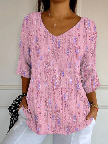 Damen V-Ausschnitt Bluse mit buntem Muster und lockerer Passform Drune