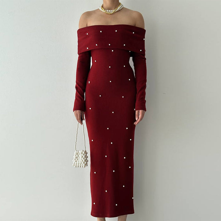 Damen schulterfreies Maxikleid mit eleganter Perlenverzierung und figurbetontem Schnitt Drune