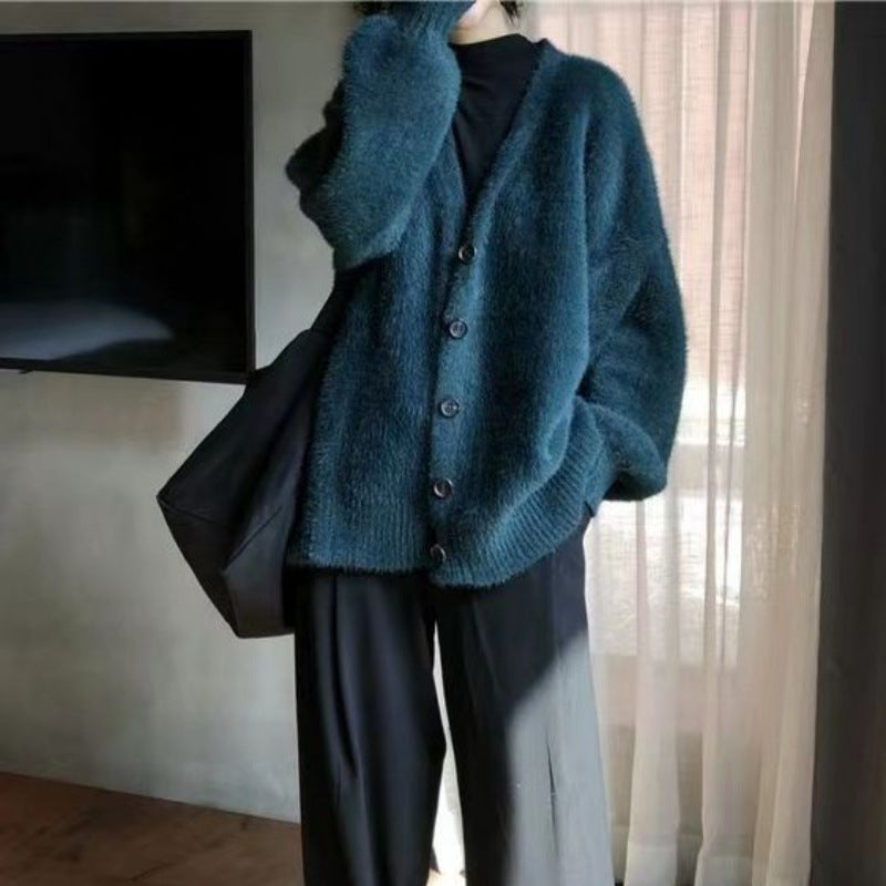 Damen gemütlicher Strickcardigan mit großen Knöpfen und lässiger Passform Drune