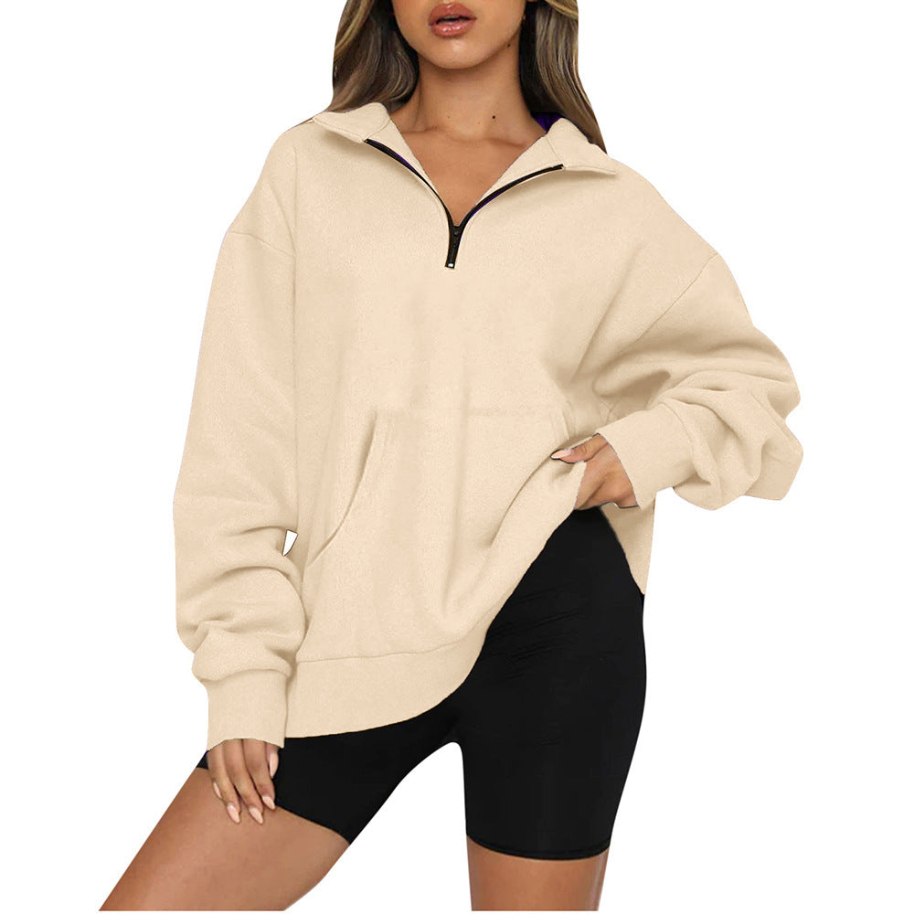 Damen Oversized Sweatshirt mit halbem Reißverschluss und Kapuze Drune