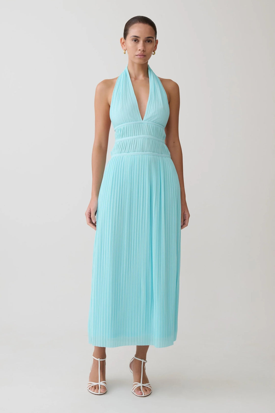 Damen Fließendes Maxikleid mit tiefem V-Ausschnitt und Plisseedetails Drune