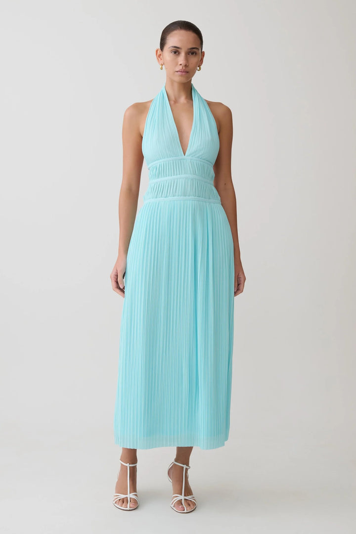 Damen Fließendes Maxikleid mit tiefem V-Ausschnitt und Plisseedetails Drune