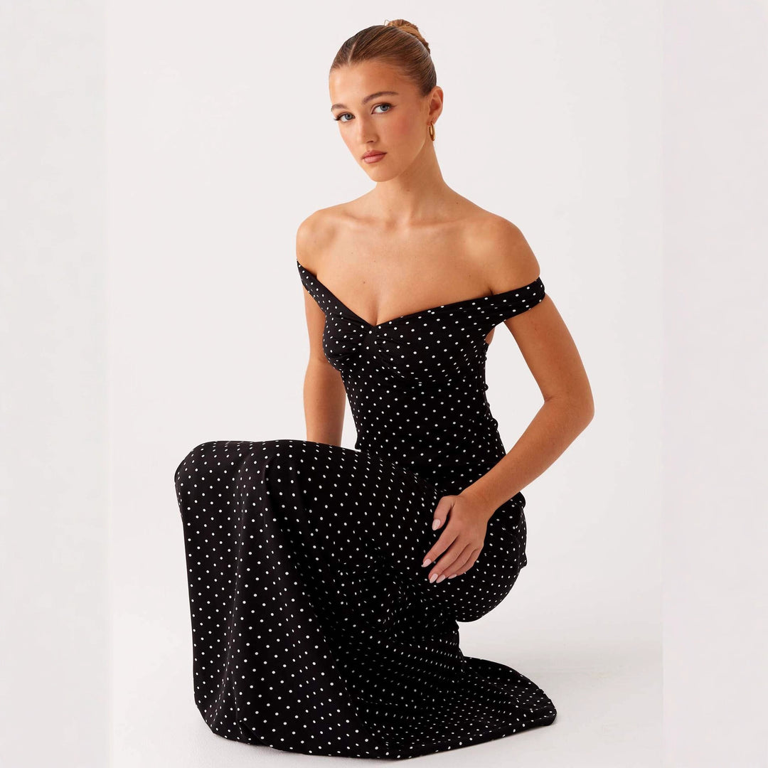 Damen Abendkleid mit Off-Shoulder-Design und elegantem Punktmuster Drune