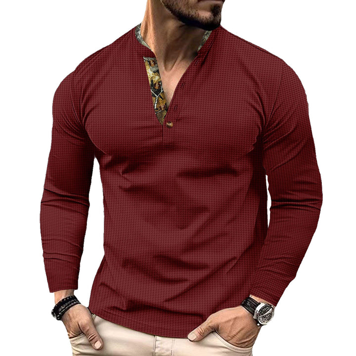 Herren nan langärmeliges Henley-Shirt mit Stehkragen und gemustertem Knopfleistenbesatz Drune