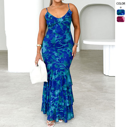 Damen körperbetontes Maxikleid mit Rüschendetails und Spaghettiträgern Drune