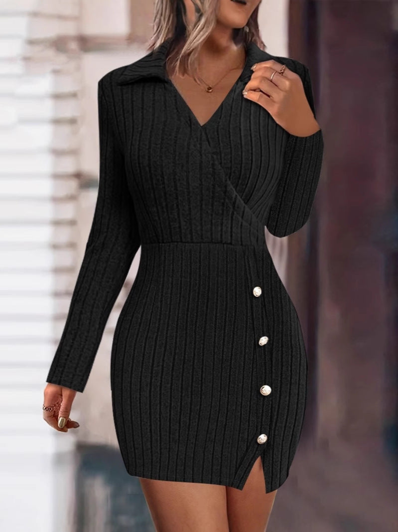 Damen Strick-Wickelkleid mit Eleganten Knöpfen Drune