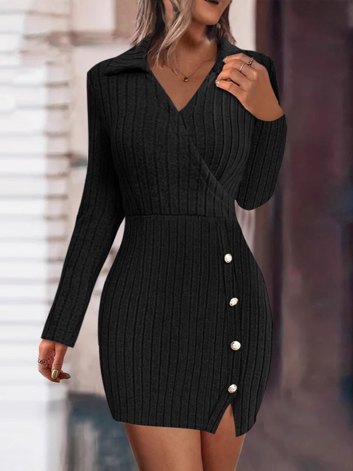 Damen Strick-Wickelkleid mit Eleganten Knöpfen Drune