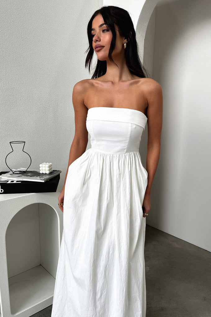 Damen Maxi-Kleid mit figurbetontem Oberteil und fließendem Rock Drune