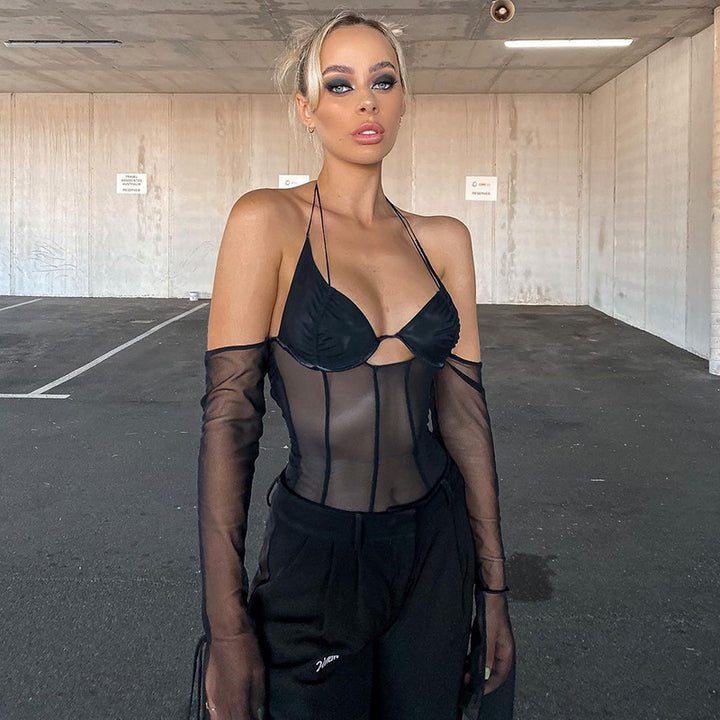 Damen transparentes Oberteil mit langen Ärmeln und Kreuzträgern Drune
