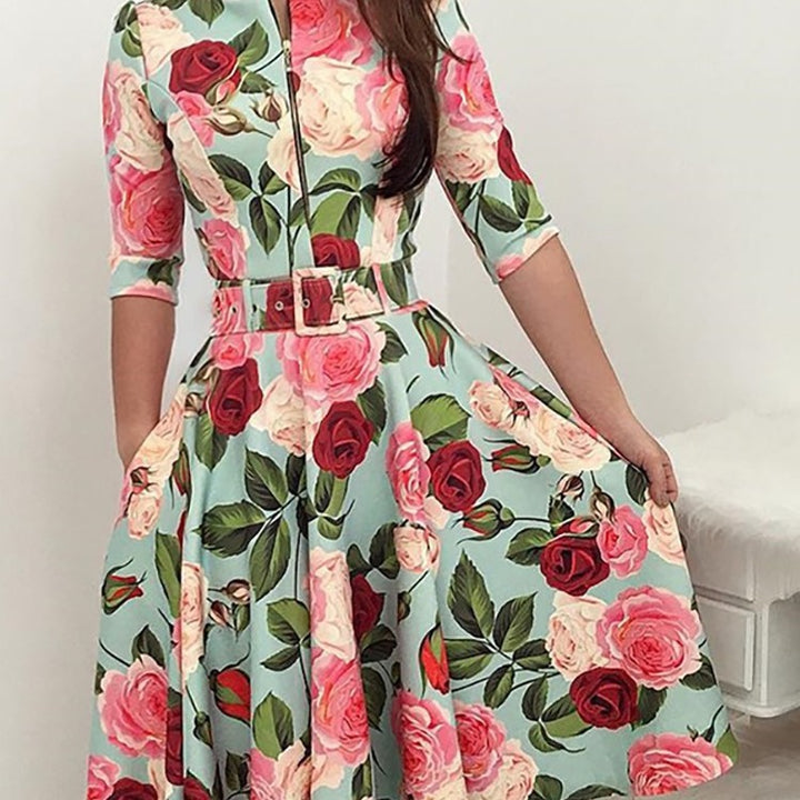 Damen Midikleid mit floralem Druck und Taillengürtel Drune