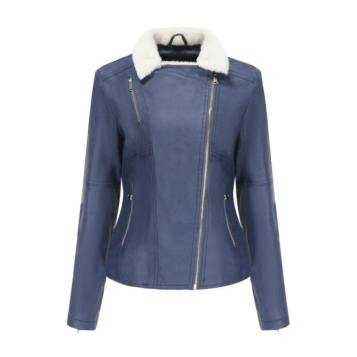Damen nan taillierte Kunstleder-Bikerjacke mit abnehmbarem Kunstfellkragen und schrägem Reißverschluss Drune