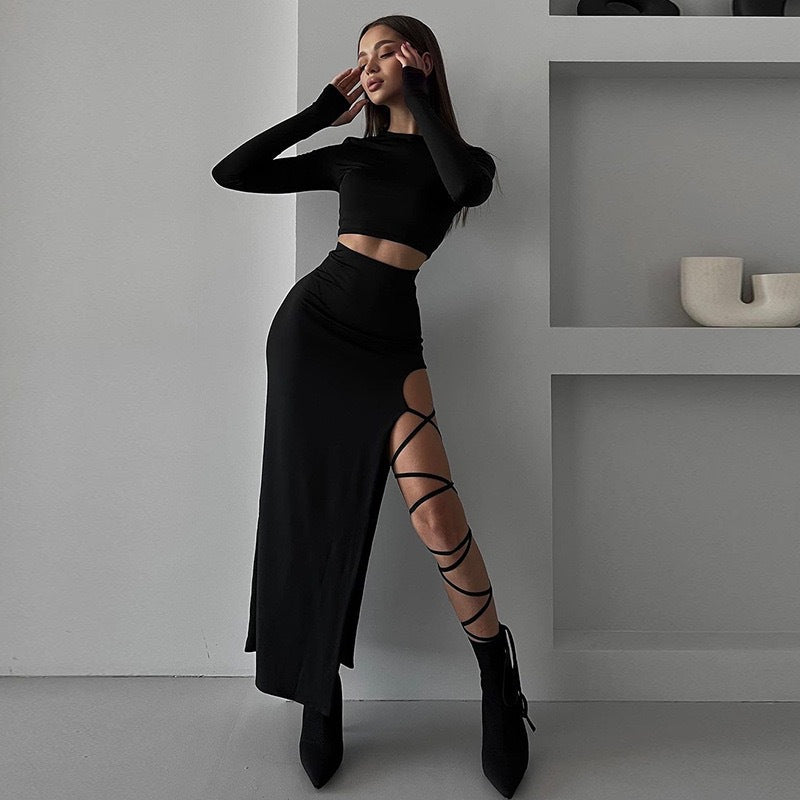 Damen Elegantes Crop-Top mit asymmetrischem Rock und raffiniertem Bein-Schlitz Drune