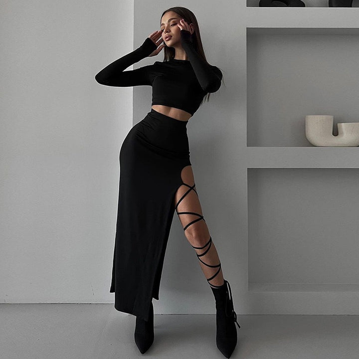 Damen Elegantes Crop-Top mit asymmetrischem Rock und raffiniertem Bein-Schlitz Drune