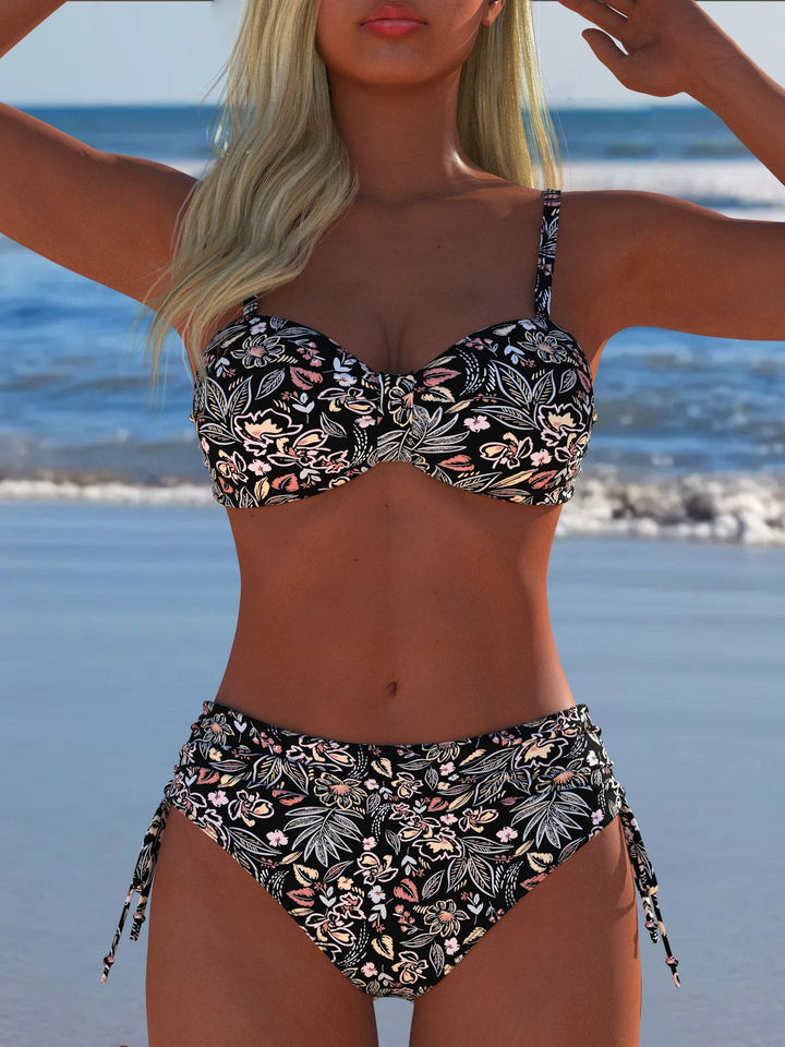 Damen Bandeau-Bikini-Set mit hochgeschnittenem Höschen und tropischem Blütenmuster Drune