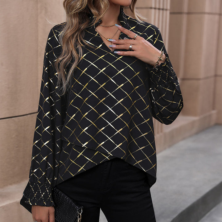Damen Bluse mit elegantem Rautenmuster und Puffärmel Drune