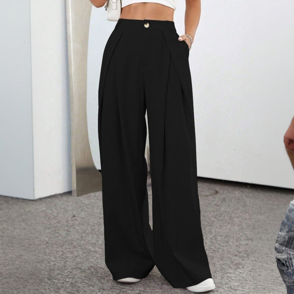 Damen großzügige High-Waist Palazzo-Hose mit eleganten Falten und sichtbarem Knopf Drune