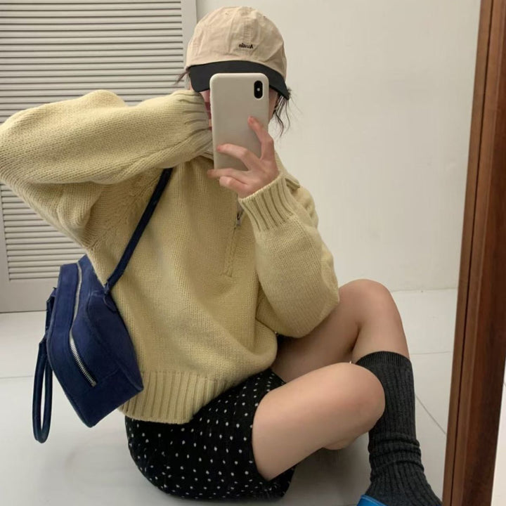 Damen Modischer Strickpullover mit hohem Kragen und Reißverschluss Drune