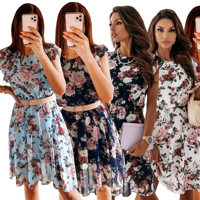 Damen Sommerliches Blumenkleid mit Rüschendetails und Taillengürtel Drune