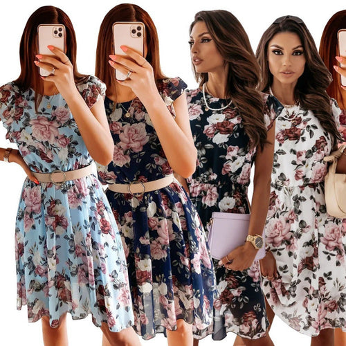 Damen Sommerliches Blumenkleid mit Rüschendetails und Taillengürtel Drune