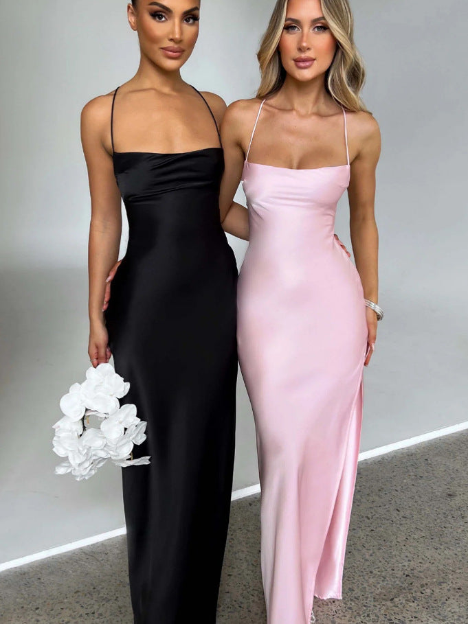 Damen Elegantes Maxikleid mit hochhängendem Schlitz und schmalem Trägerdesign Drune