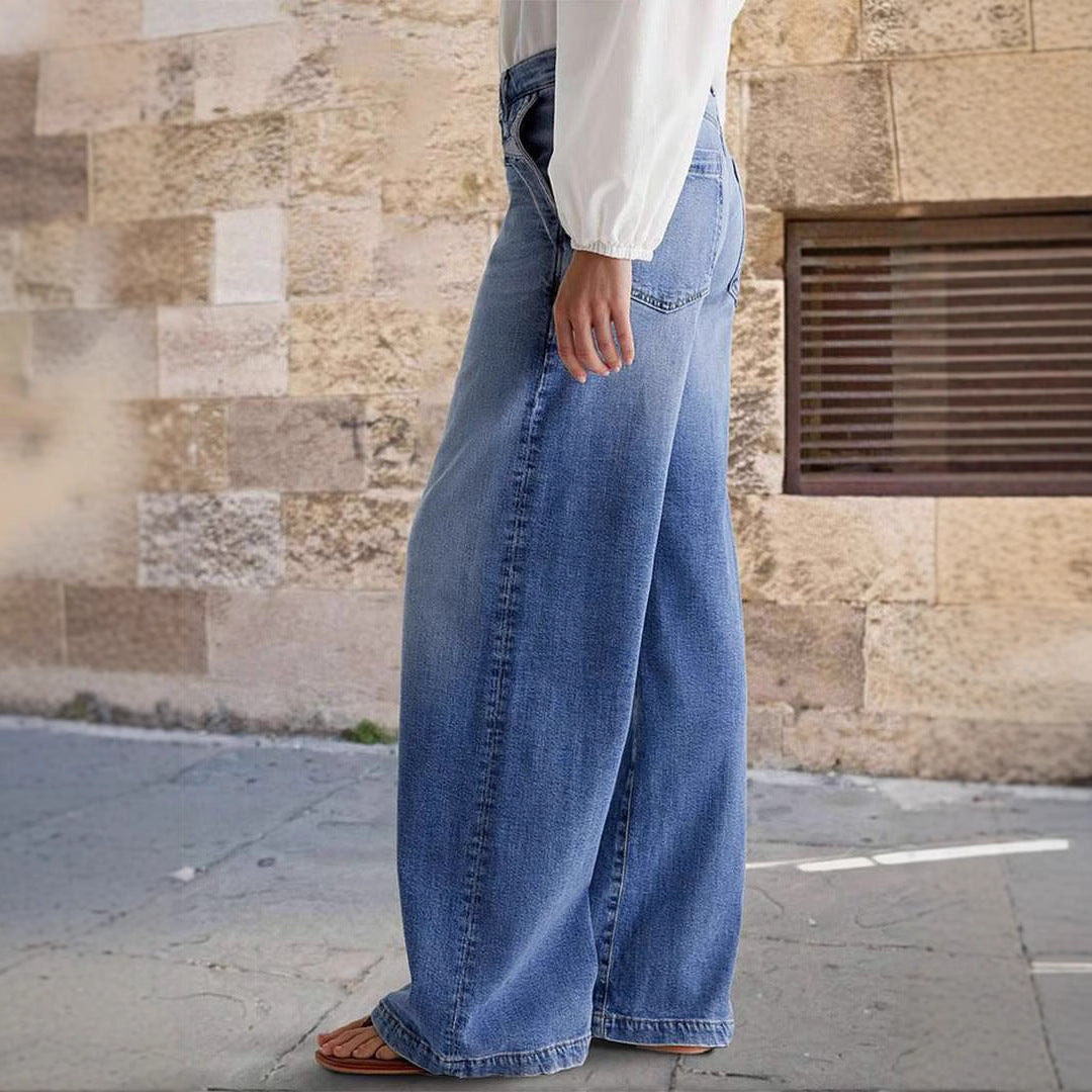 Damen weit geschnittene Jeanshose mit hohem Bund und eleganten Nähdetails Drune