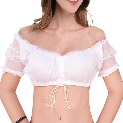 Damen  Dirndlbluse Carmen Ausschnitt mit Spitzenärmeln und Bindeband Drune