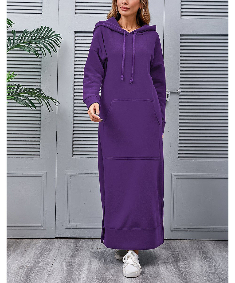 Damen nan langes Kapuzen-Sweatkleid mit Kängurutasche, Seitenschlitzen und lockerer Oversize-Passform Drune