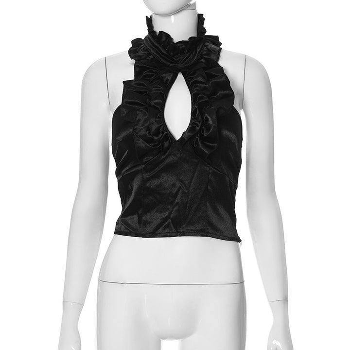 Damen elegantes Top mit rüschendem Stehkragen und tiefem Ausschnitt Drune