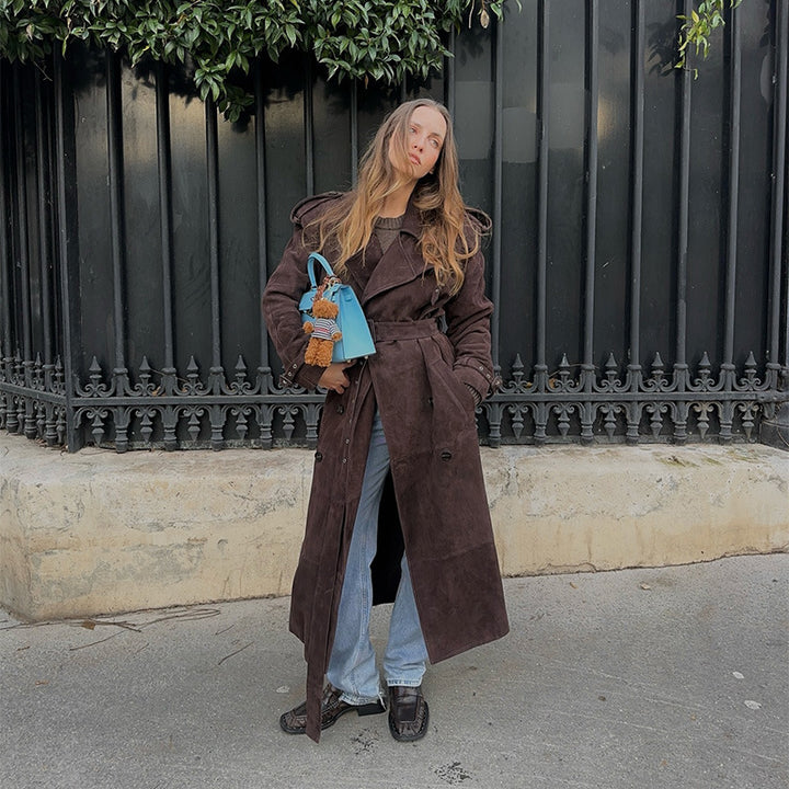 Damen Eleganter Long-Trenchcoat aus weichem Wildleder Drune