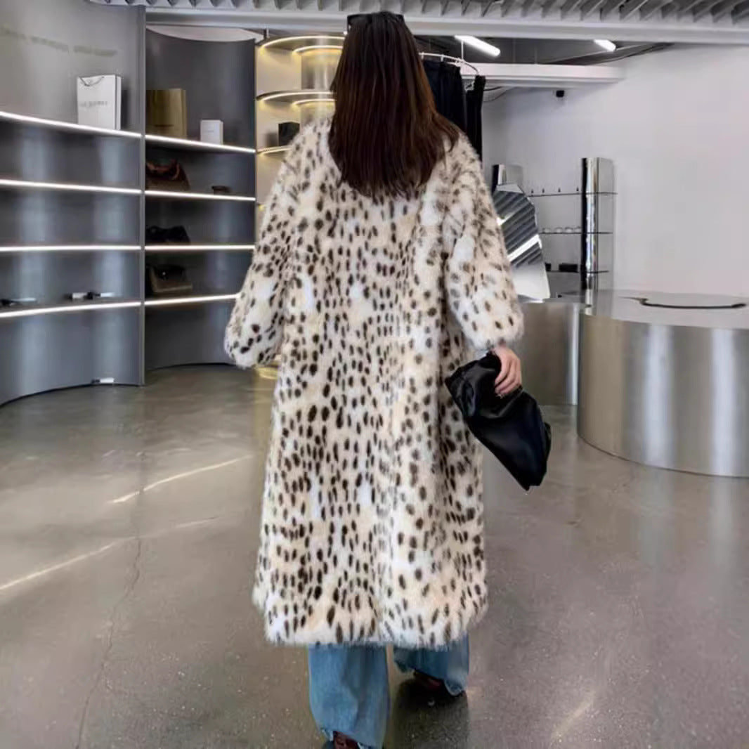 Damen Eleganter Leopardmuster-Fellmantel Drune