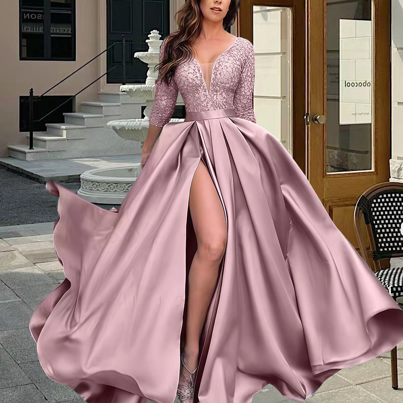 Damen Elegantes Abendkleid mit tiefem V-Ausschnitt und seitlichem Schlitz Drune