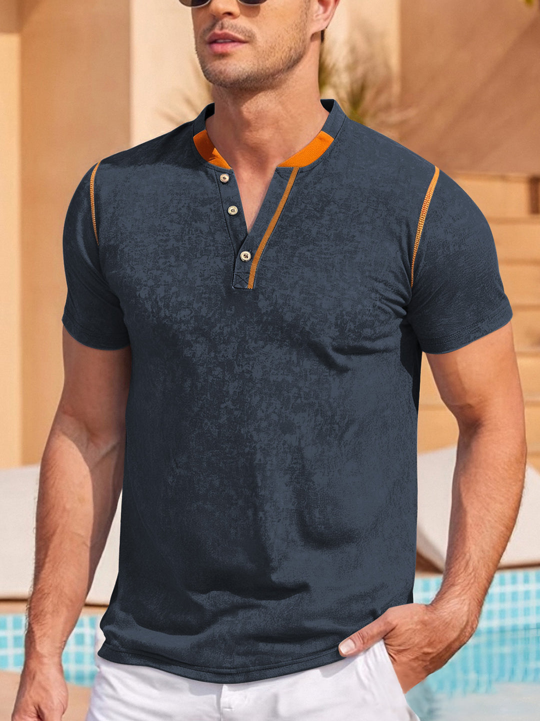Herren nan lässiges Kurzarm-Grandadshirt mit kurzer Knopfleiste, Kontrastpaspel und weichgewaschener Struktur Drune