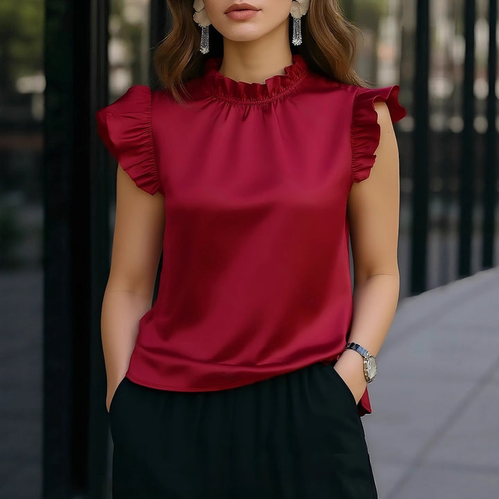Damen elegante Bluse mit Rüschendetails und modernem Stehkragen Drune