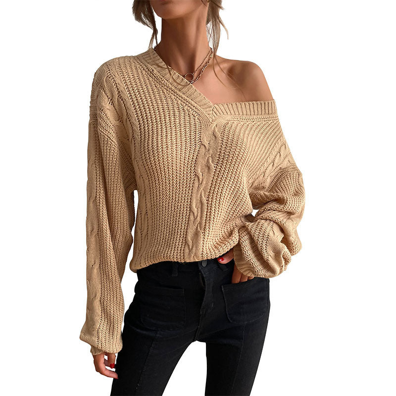 Damen stylischer Strickpullover mit weitem V-Ausschnitt und strukturiertem Rautenmuster Drune