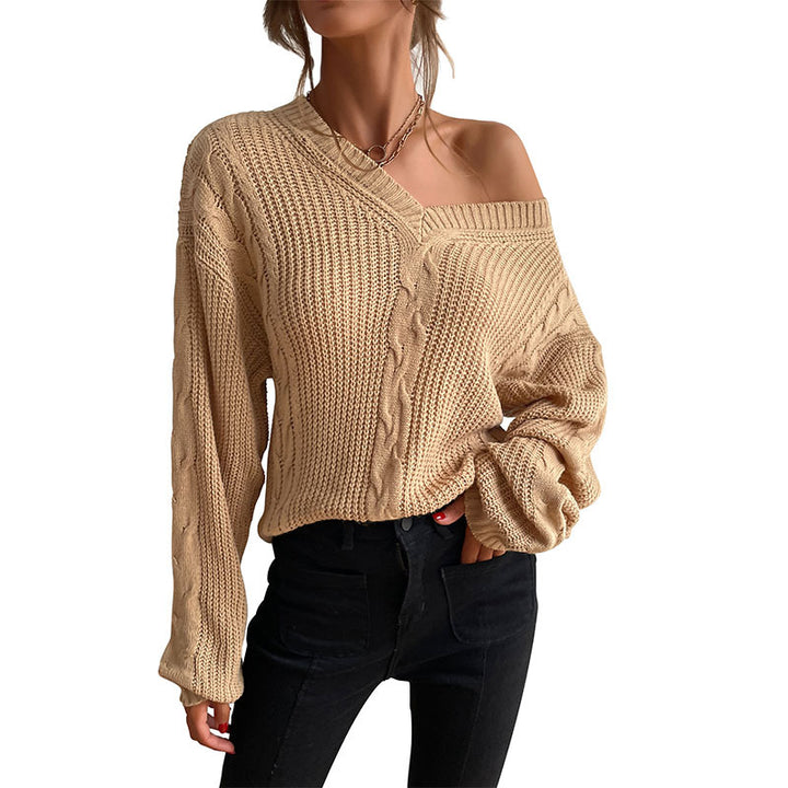 Damen stylischer Strickpullover mit weitem V-Ausschnitt und strukturiertem Rautenmuster Drune