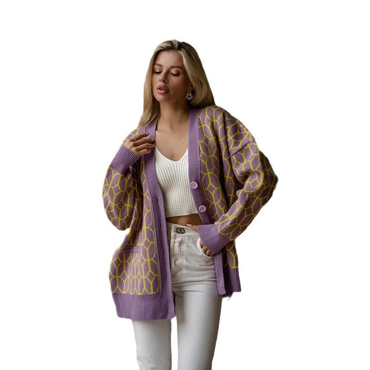 Damen Gemusterter Strickcardigan mit großer Knopfleiste Drune