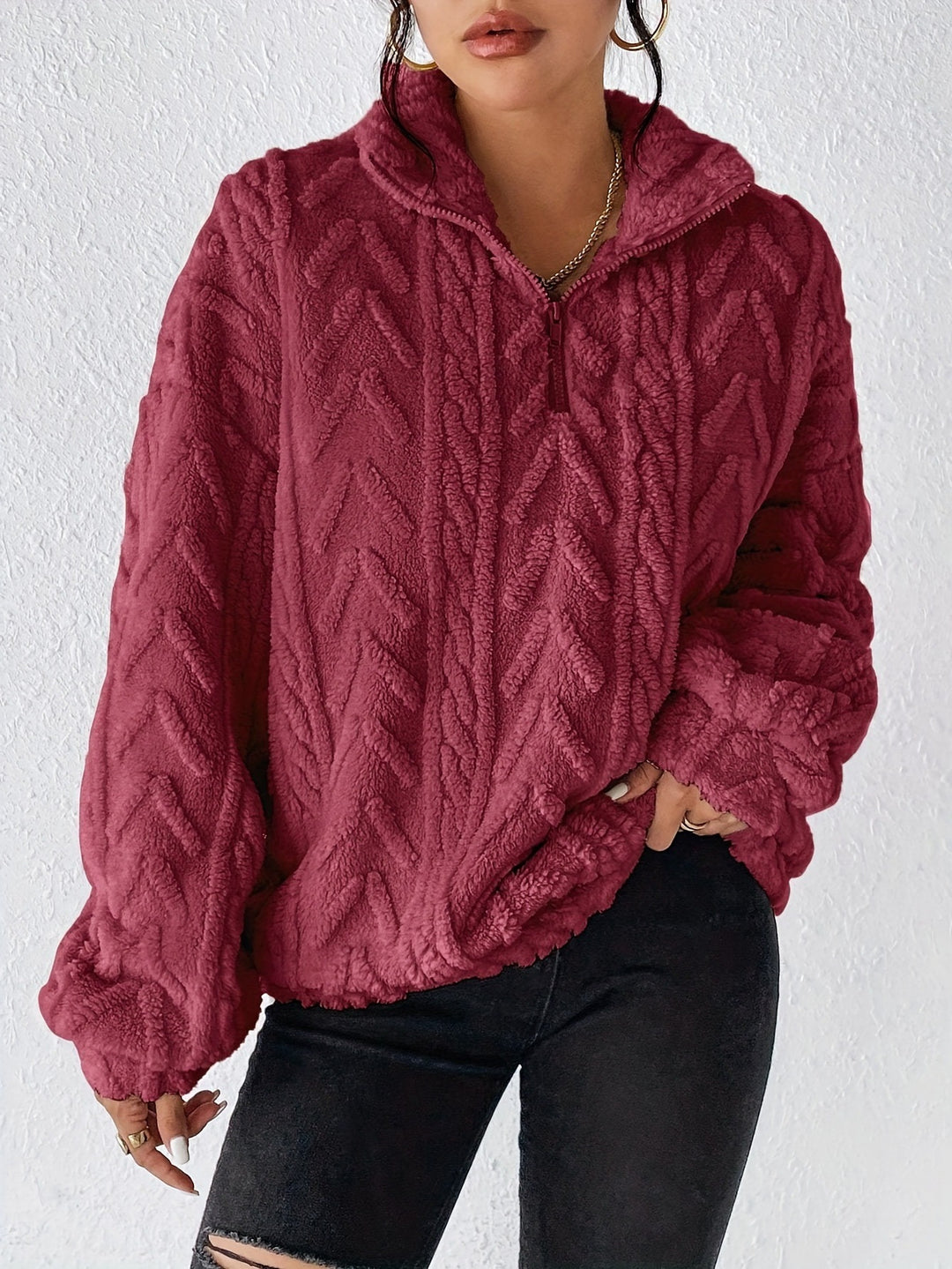 Damen Fleece Pullover mit hohem Kragen und strukturiertem Design Drune