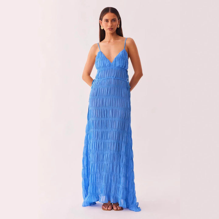 Damen Maxikleid mit raffiniertem Rüschendesign und tiefem V-Ausschnitt Drune